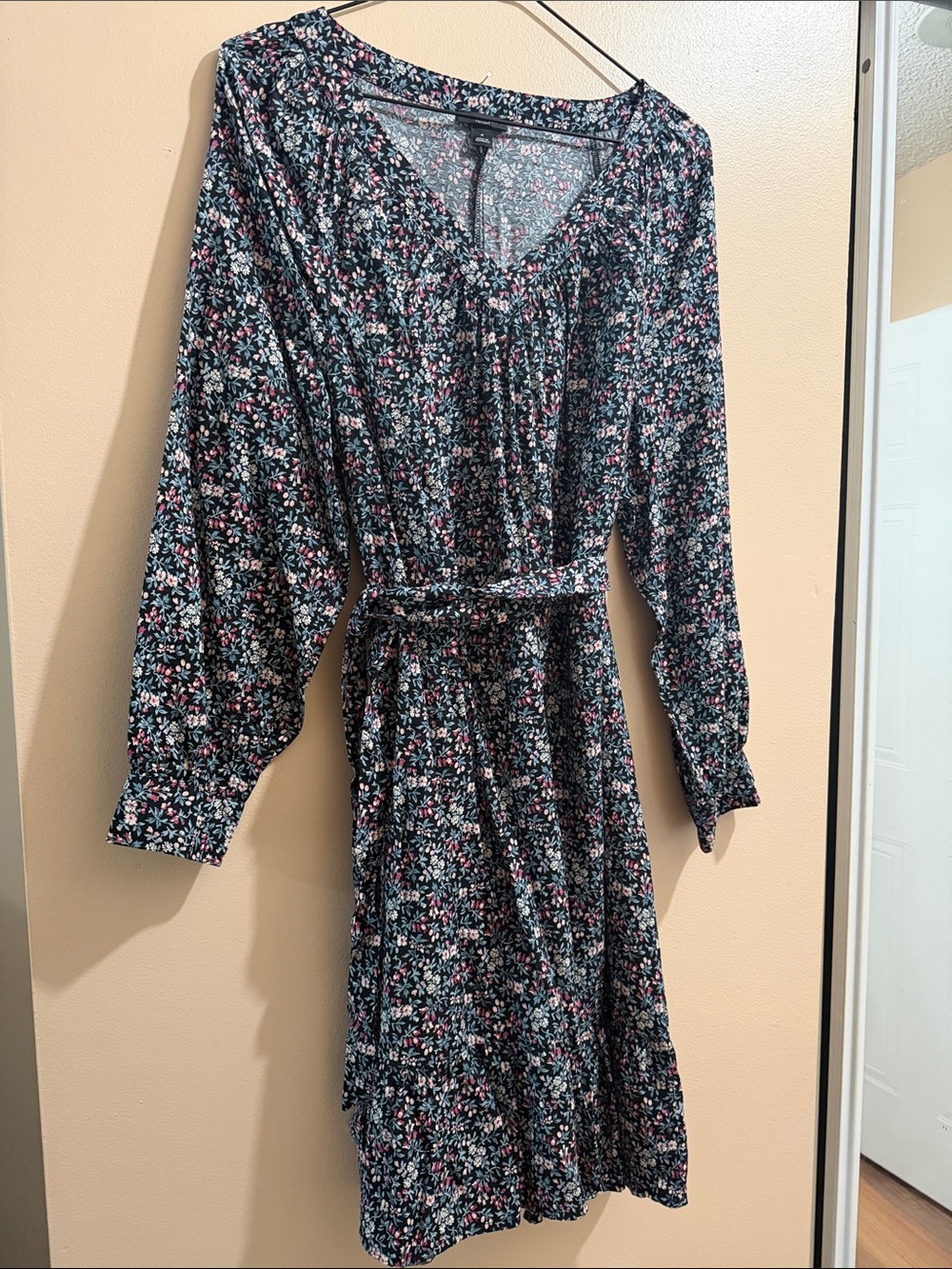 Floral V-Neck Belted Midi Dress - Navy Multi